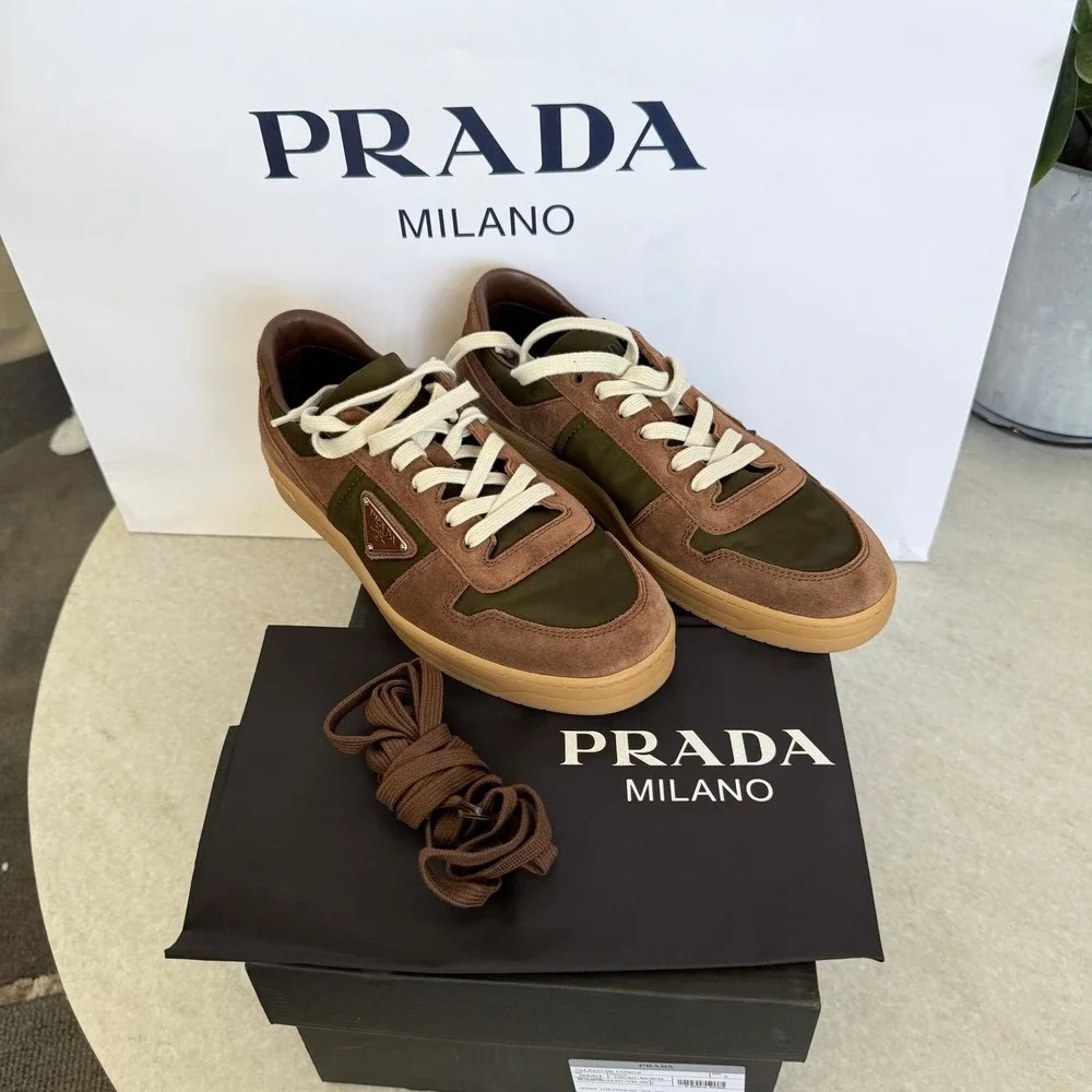 Prada Milano 2EE364 Men Brown/Green Suede Fabric Downtown Sneakers shoes UK‎ 7